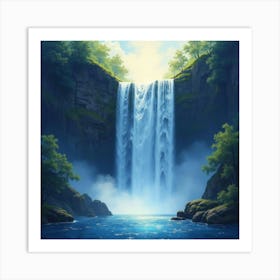 Celestial Waterfall With Sparkling Mist, Watercolor 1 Art Print