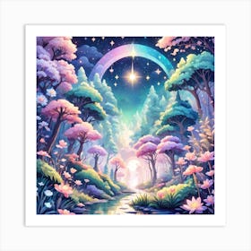 A Fantasy Forest With Twinkling Stars In Pastel Tone Square Composition 437 Art Print