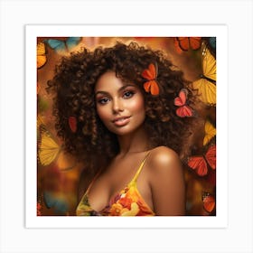 Beautiful African American Woman With Butterflies Art Print