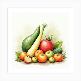 Charming Watercolor Scene Of Fresh Produce With A Refined And Artistic Finish 1 Art Print