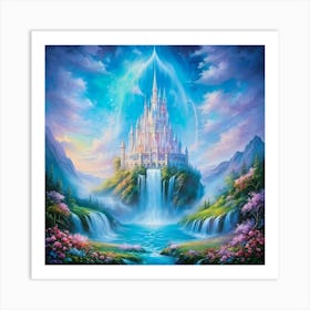 A Fluid Portrayal Of An Elegantly Detailed And Majestic Castle Whimsically Floating On A Dreamy Sea Art Print