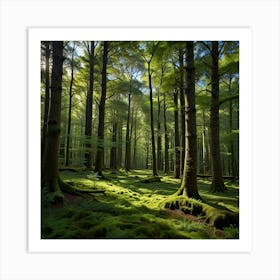 A Tranquil Forest With Towering Green Trees And A Carpet Of Moss Covered Ground, With Dappled Sunlight Creating A Serene And Magical Atmosphere 2 Art Print