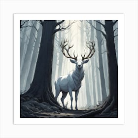 A White Stag In A Fog Forest In Minimalist Style Square Composition 69 Art Print