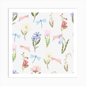 Dragonflies in flower field Art Print