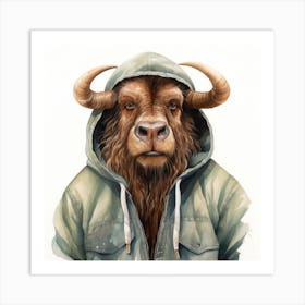 Watercolour Cartoon Gnu In A Hoodie 1 Art Print