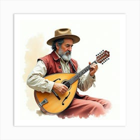 Watercolor Scene Of An Italian Musician Playing A Traditional Mandolin Art Print