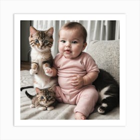 Baby With Kittens Art Print