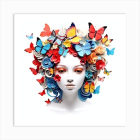 Beautiful Woman With Butterflies On Her Head Art Print