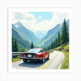 Luxury Car On A Picturesque Mountain Road, Watercolor Painting 1 Art Print