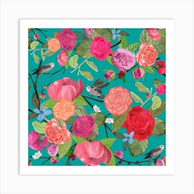 A Lot Of Vibrant Colored Cute Hand Drawn Roses With Blue Background Square Art Print