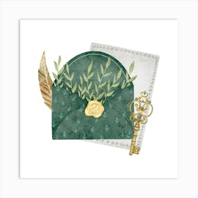 Letter envelope with golden key feather pen Art Print