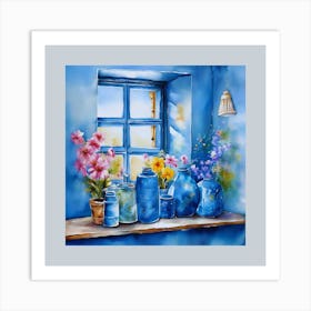 Blue wall. Open window. From inside an old-style room. Silver in the middle. There are several small pottery jars next to the window. There are flowers in the jars Spring oil colors. Wall painting.4 Art Print