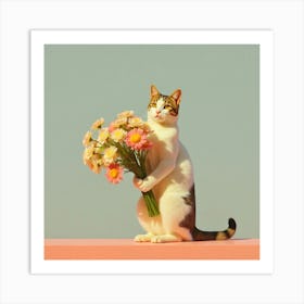 Cat Holding Flowers Art Print