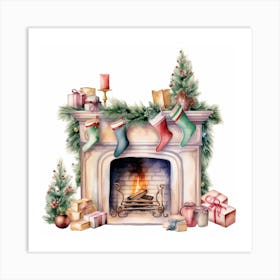 Christmas Fireplace, watercolor clipart 1 Art Print