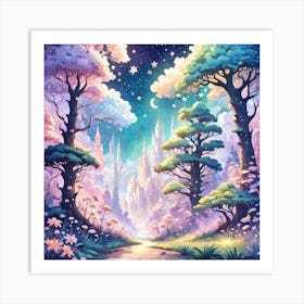 A Fantasy Forest With Twinkling Stars In Pastel Tone Square Composition 56 Art Print