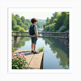 Alone Boy Stand Near The Lake Art Print Art Print