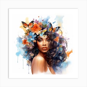 Maraclemente Black Woman Watercolors With Colorful Flowers And 1 Art Print