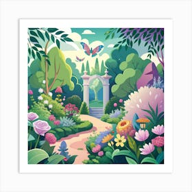 A Lush Garden Scene With Blooming Flowers Butterf Art Print