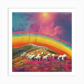 Sheep Retro Rainbow Collage 2 Art Print