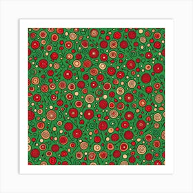 Christmas Swirls, A Pattern Featuring Abstract Geometric Shapes With Lines Rustic Green And Red Colors, Flat Art, 119 Art Print