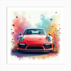 Porsche 911 Turbo S Surrounded By A Lively, Watercolor Festival Art Print