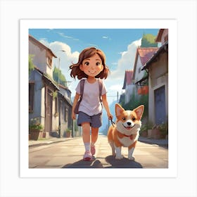 Girl Walking Her Dog Art Print