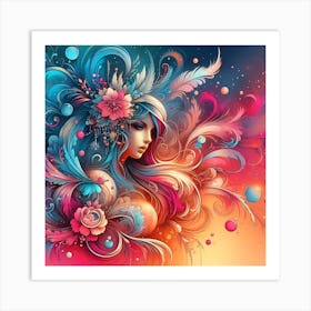 Colorful Girl With Flowers Art Print