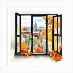 Open Window With Autumn Leaves Window View Of Dublin Ireland In Autumn Fall, Watercolor 4 Art Print Art Print