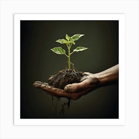 The Gardeners Green Thumb Depict A Hand Carefully Holding, Hand Holding A Plant. Art Print