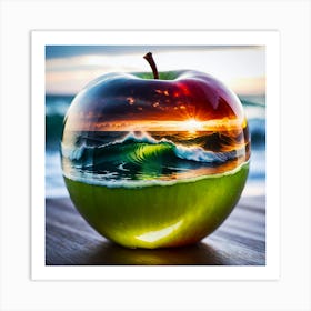 Double Exposure Of A Sunrise Over The Sea Seamlessly Integrated Within A Half Glas Apple Art Print