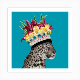 Royal Leopard Wearing Floral Crown In Blue 1 Art Print