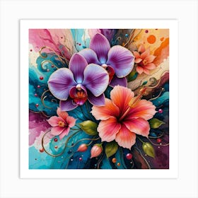 Orchids And Hibiscus Art Print