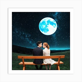 Couple Sitting On Bench Under The Moon Art Print