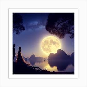 A romantic and enchanting moonlit scene with a silhouetted couple2 Art Print