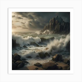 Ocean Waves Coast Storm Clouds Cliff Beach Art Print