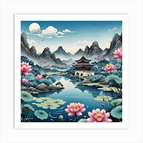 Chinese Landscape With Lotus, Pink, Blue and Black Flowers Art Print