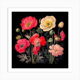 Poppies On Black Background Art Print