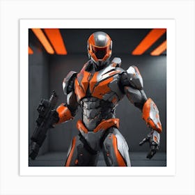 A Futuristic Warrior Stands Tall, His Gleaming Suit And Orange Visor Commanding Attention 24 Art Print