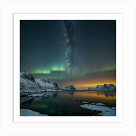 Northen lights and the milkstreet over Lofoten Art Print