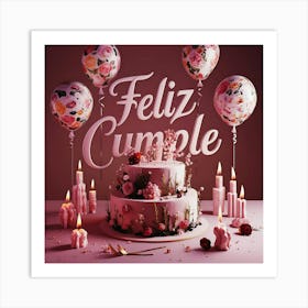 Feliz cumple and Feliz cumpleaños sign means Happy Birthday in Spanish language, Birthday party celebration gift with birthday cake candle colorful balloons best congratulation over light background wall artFeliz Cumple 58 Art Print