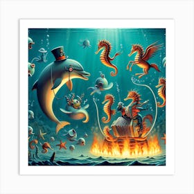 Seahorses And Dolphins Art Print