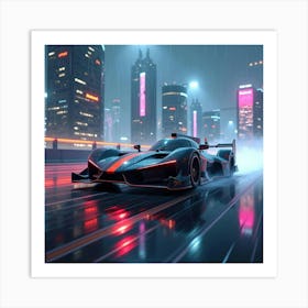 Sleek Formula Car Drifting On A Rain Soaked Futuristic Track Under Neon Skyscrapers 1 Art Print