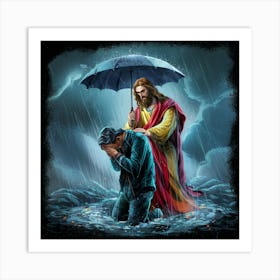 Jesus In The Rain Art Print