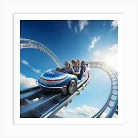 Roller Coaster Car Crests A Sky High Peak Sunlight Glinting Off Metallic Tracks Riders Gripping Wi Art Print