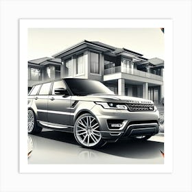 A Pencil Drawing Of A Rangerover Sport In Front Of A Beautiful Modern Mansio Affiche