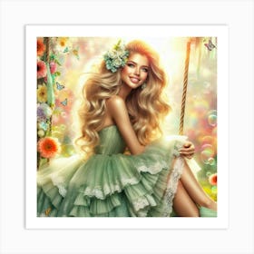 Beautiful Girl In Green Dress On Swing Art Print