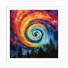 Cosmic Rainbow Quilt Artistic Swirl Spiral Forest Silhouette Fantasy Art Print