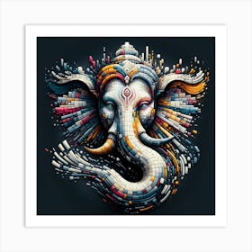 "Pixelated Deity" - This piece is a contemporary interpretation of Ganesha, the Hindu god of new beginnings, rendered in a strikingly modern, pixelated style. The deity's iconic elephant head is composed of a myriad of colorful blocks that cascade into a fluid form, symbolizing the merging of tradition with the digital age. The intricate patterns and vibrant colors celebrate Ganesha's attributes of wisdom, protection, and intellect. Ideal for the modern home or office, this artwork bridges the gap between ancient symbolism and contemporary design, making it a compelling choice for those who appreciate art with a spiritual dimension that speaks to the zeitgeist. "Pixelated Deity" is a testament to innovation, honoring the past while embracing the future. Art Print
