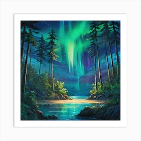 Enchanted Northern Lights Over a Serene Forest Lake at Twilight Art Print