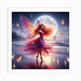 Red Hair Fairy With Butterflies Art Print